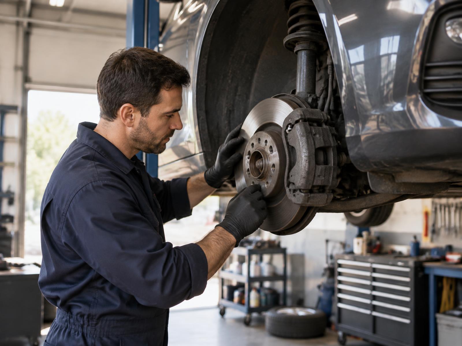 Monteur controleert de remschijf van een auto in een garage